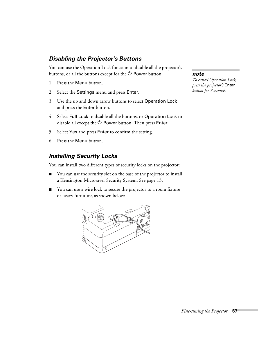 Disabling the projector’s buttons, Installing security locks | Nortel Networks 822p User Manual | Page 67 / 118