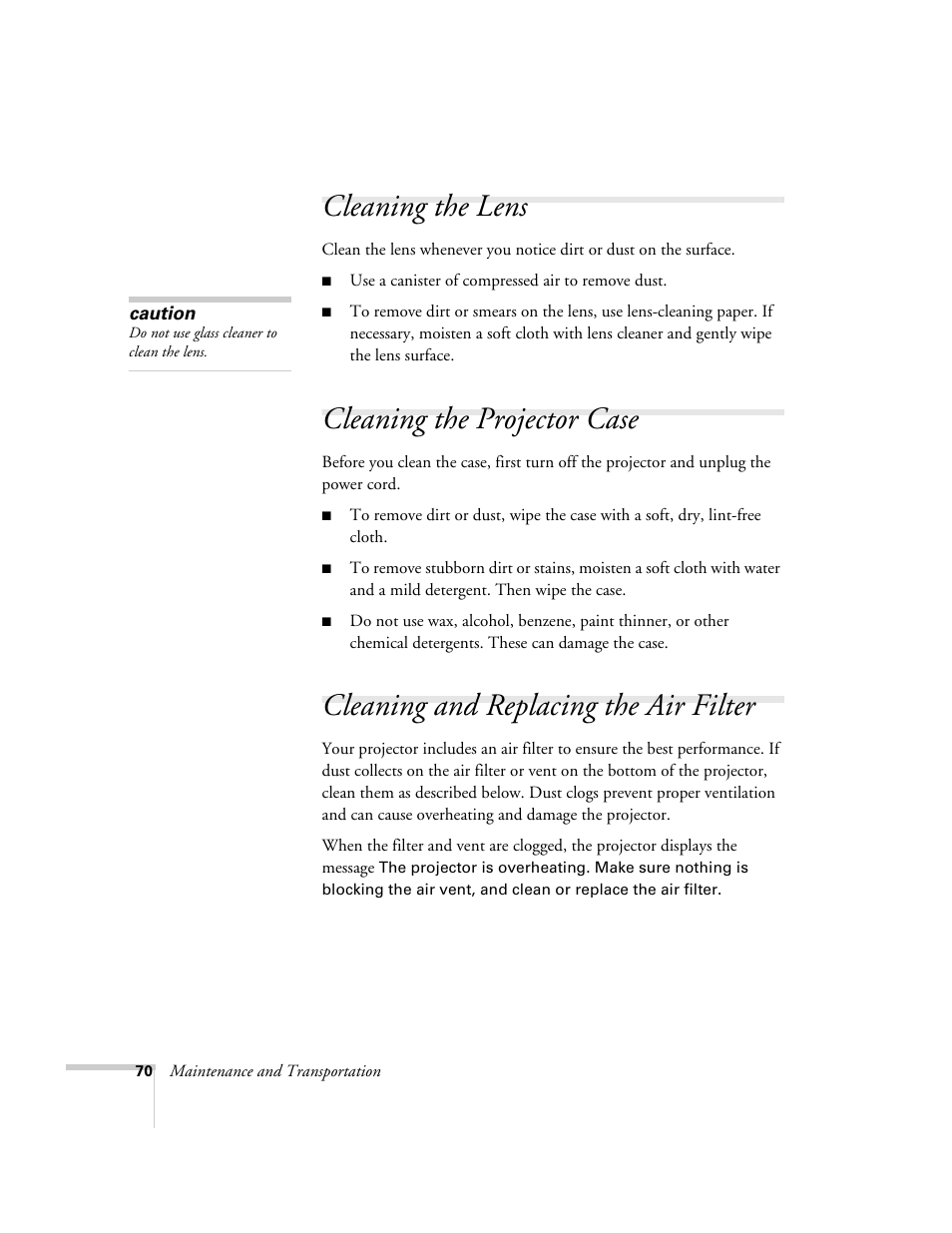 Cleaning the lens, Cleaning the projector case, Cleaning and replacing the air filter | Nortel Networks 822p User Manual | Page 70 / 118
