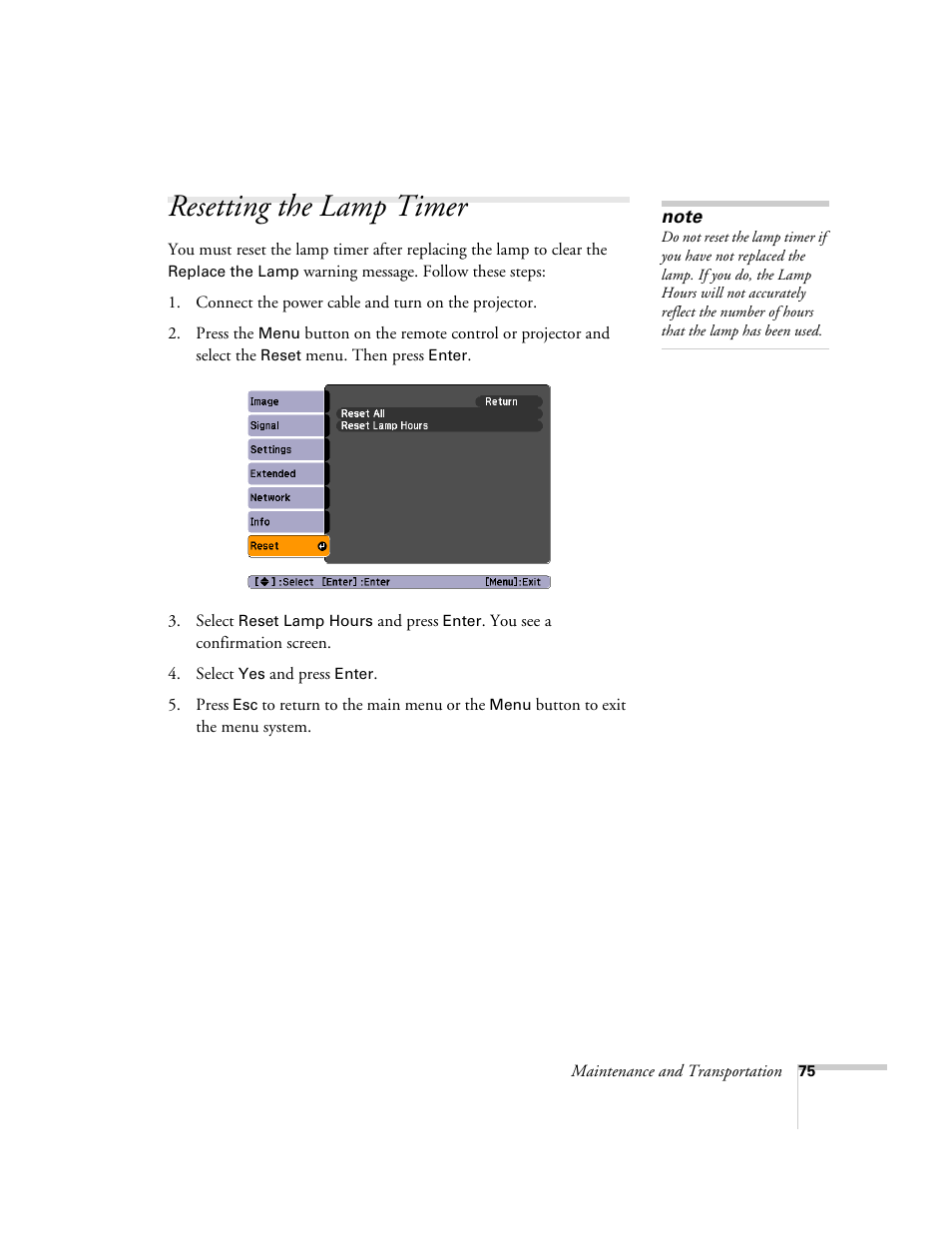 Resetting the lamp timer | Nortel Networks 822p User Manual | Page 75 / 118
