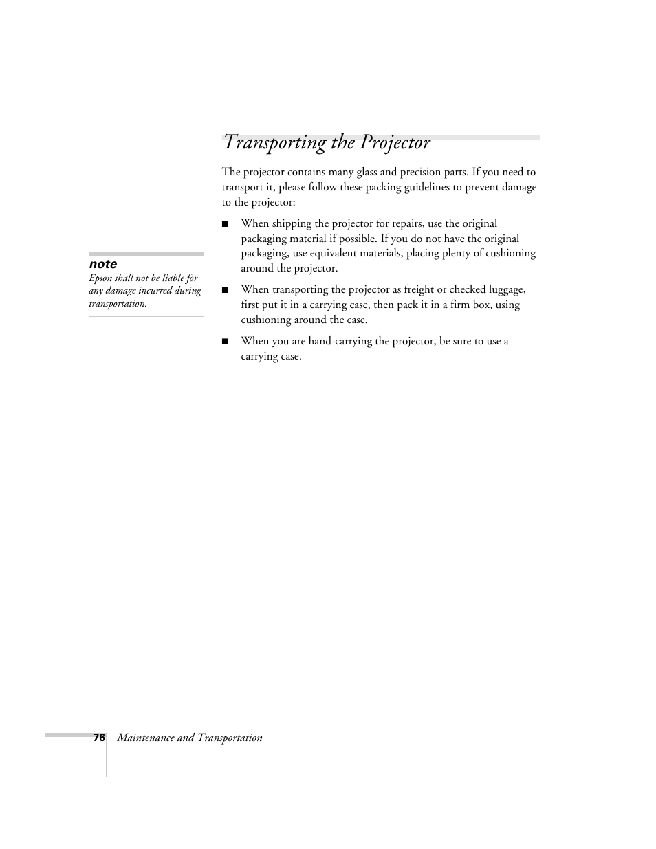 Transporting the projector | Nortel Networks 822p User Manual | Page 76 / 118