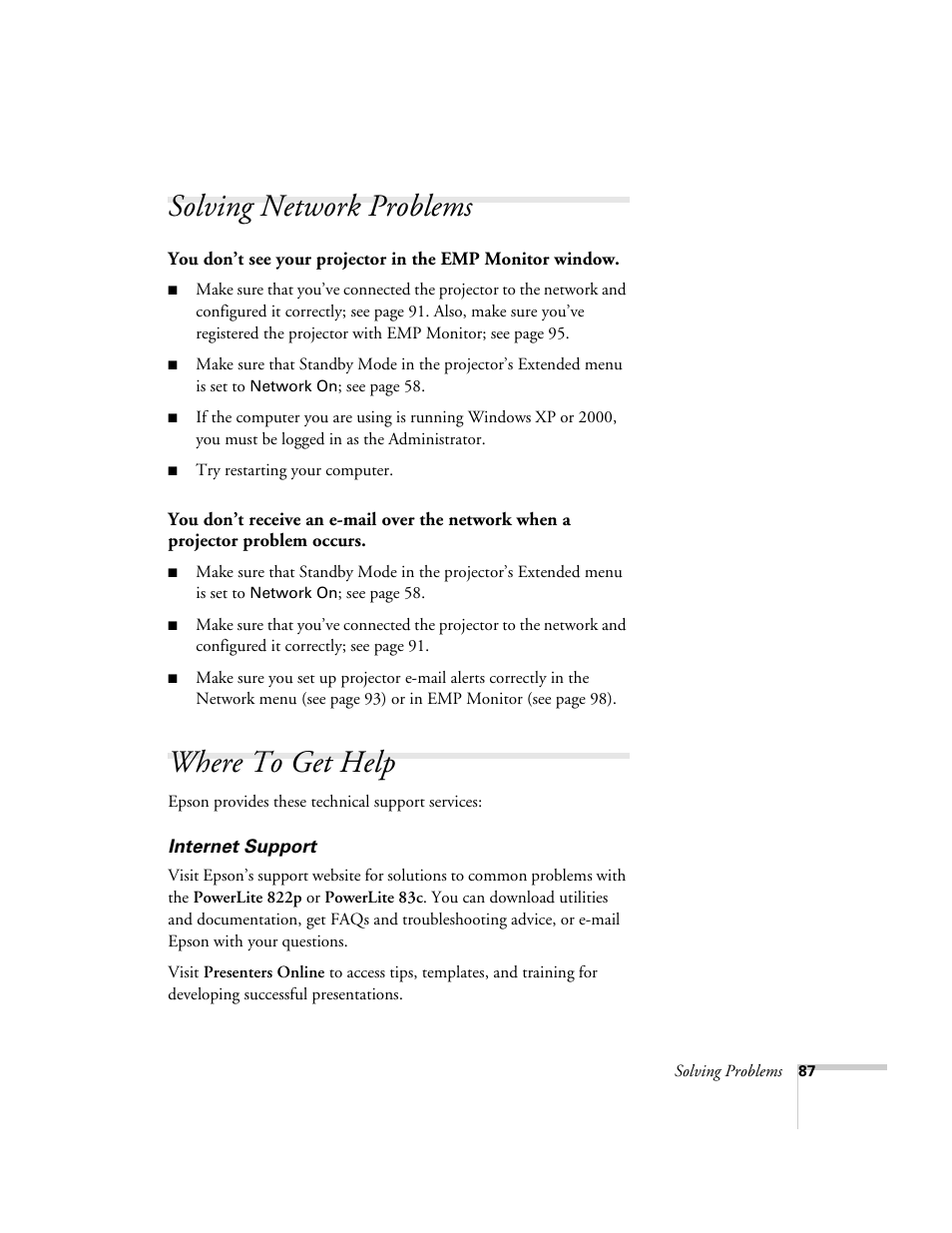 Solving network problems, Where to get help, Solving network problems where to get help | Contacting technical support | Nortel Networks 822p User Manual | Page 87 / 118