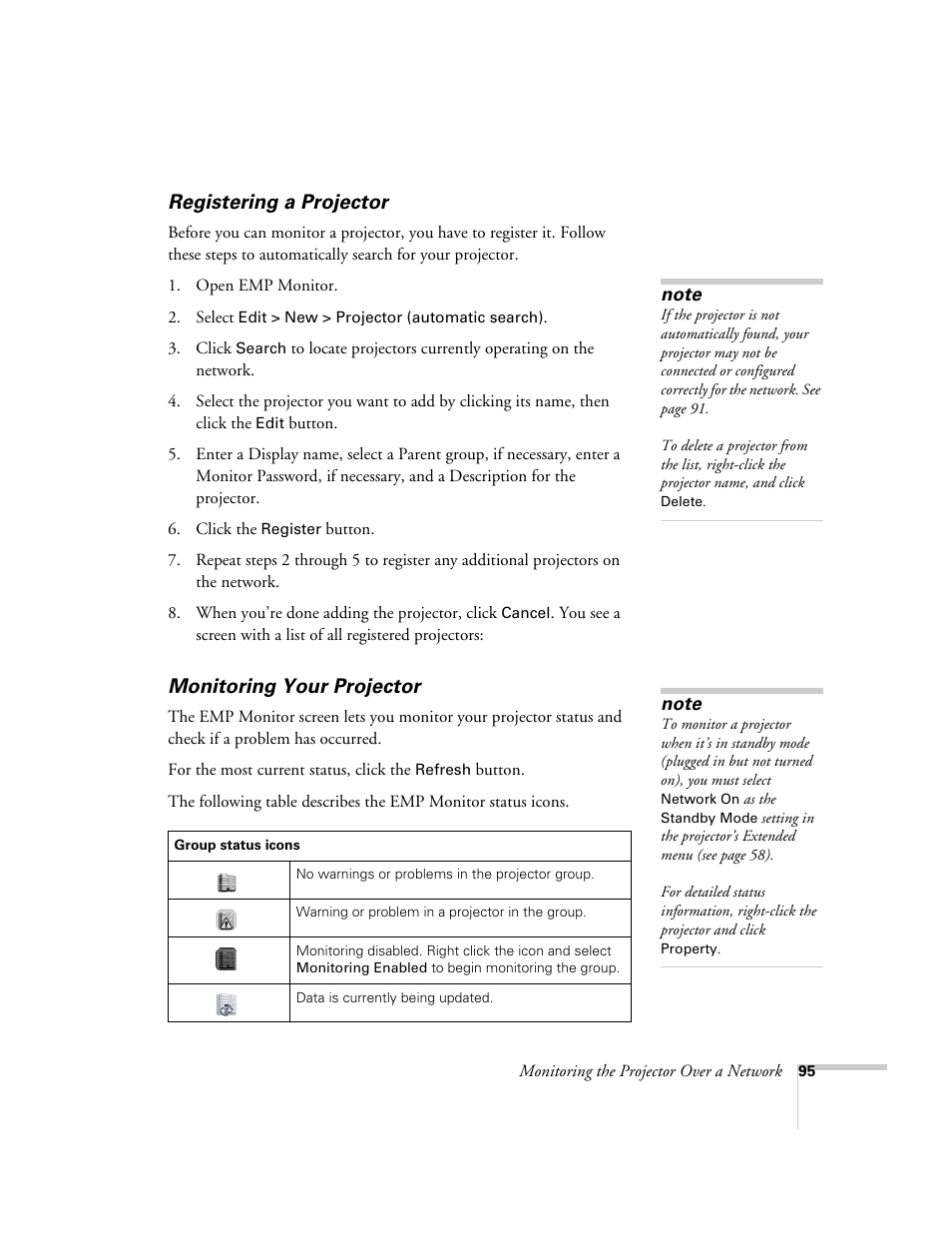 Registering a projector, Monitoring your projector, Registering a projector monitoring your projector | Nortel Networks 822p User Manual | Page 95 / 118