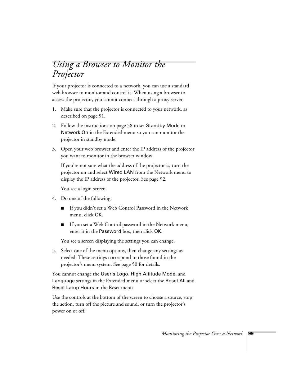 Using a browser to monitor the projector | Nortel Networks 822p User Manual | Page 99 / 118