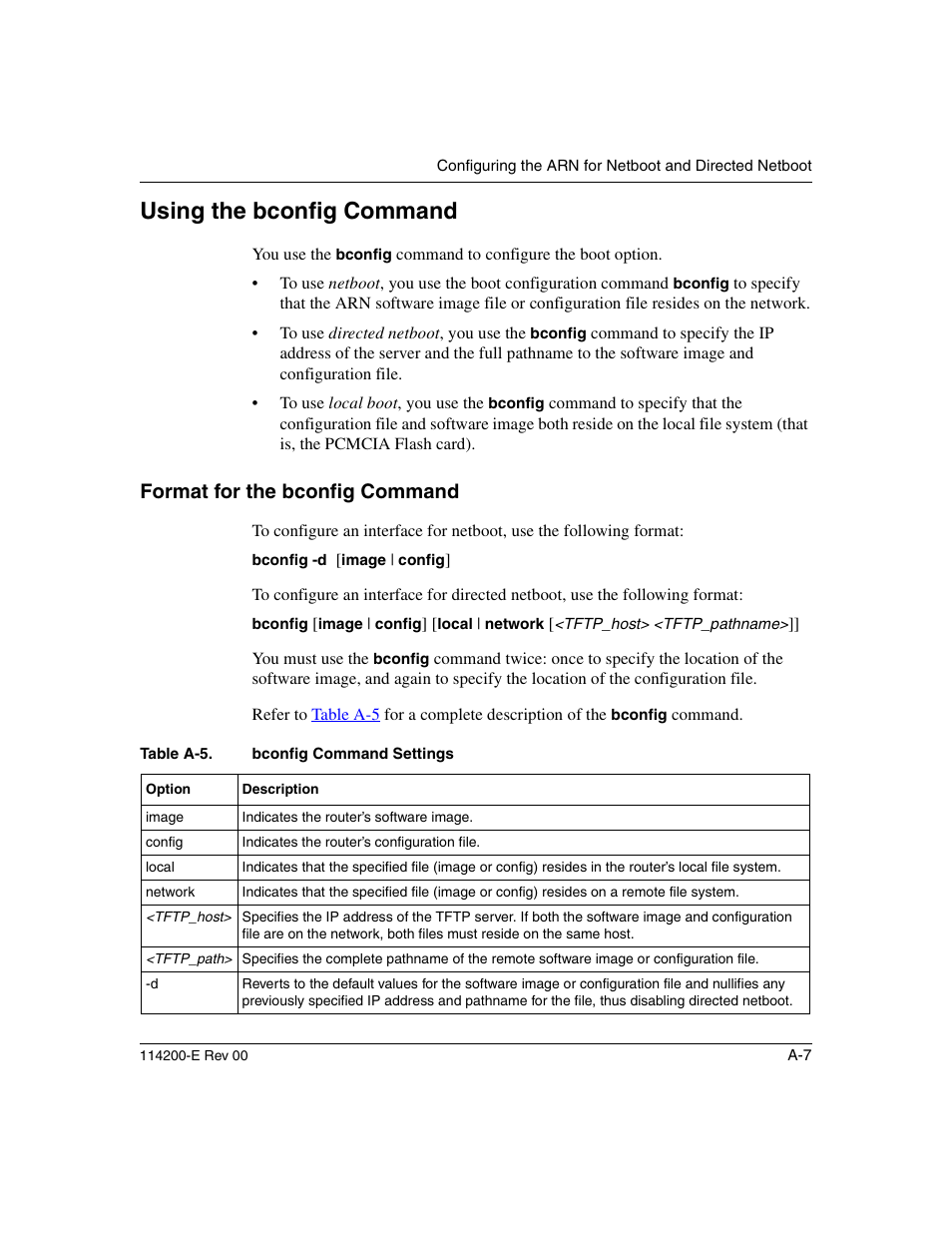 Using the bconfig command, Format for the bconfig command, Table a-5 | Using the bconfig | Nortel Networks Passport ARN Routers User Manual | Page 103 / 166