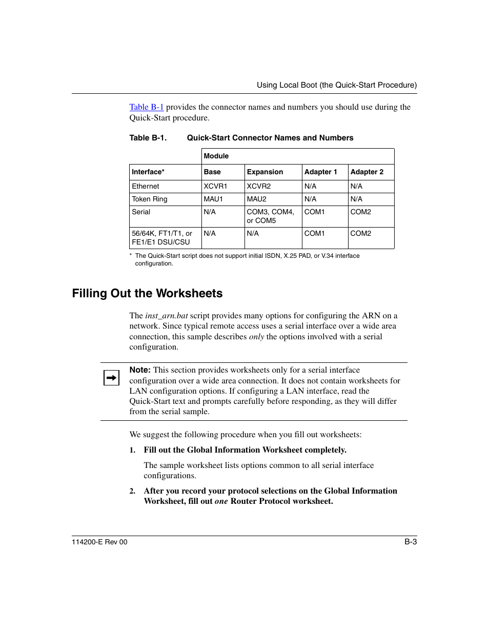 Filling out the worksheets, Table b-1, Filling out the | Worksheets | Nortel Networks Passport ARN Routers User Manual | Page 109 / 166