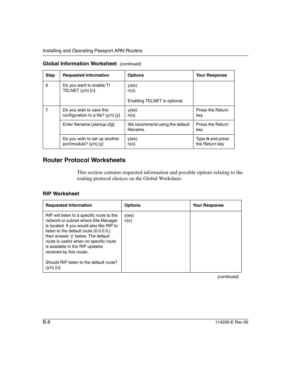 Router protocol worksheets | Nortel Networks Passport ARN Routers User Manual | Page 114 / 166