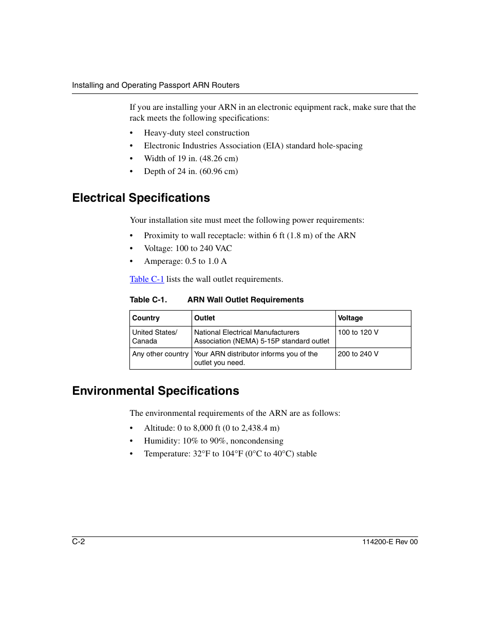 Electrical specifications, Environmental specifications, Table c-1 | Nortel Networks Passport ARN Routers User Manual | Page 126 / 166