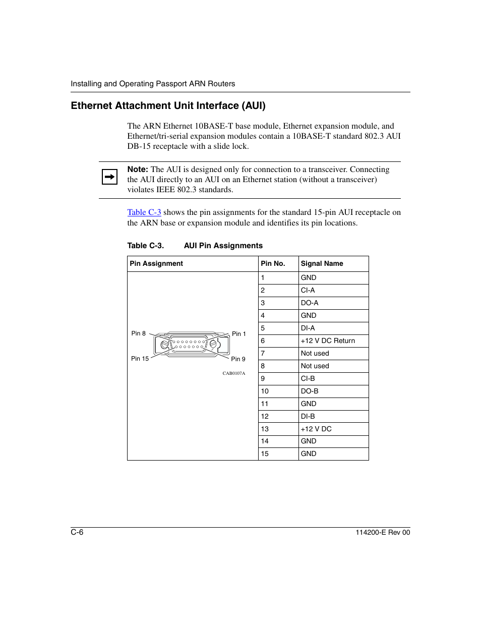 Ethernet attachment unit interface (aui), Table c-3 | Nortel Networks Passport ARN Routers User Manual | Page 130 / 166