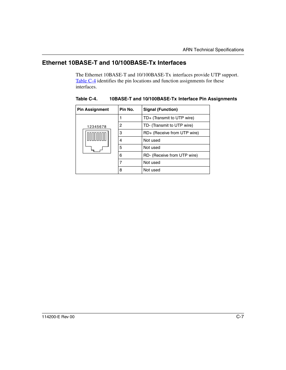 Ethernet 10base-t and 10/100base-tx interfaces, Table c-4 | Nortel Networks Passport ARN Routers User Manual | Page 131 / 166