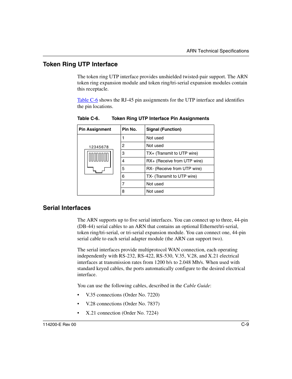 Token ring utp interface, Serial interfaces, Table c-6 | Nortel Networks Passport ARN Routers User Manual | Page 133 / 166