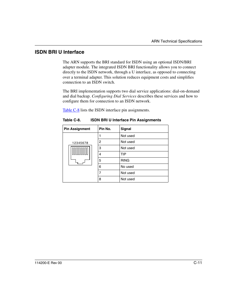 Isdn bri u interface, Table c-8 | Nortel Networks Passport ARN Routers User Manual | Page 135 / 166