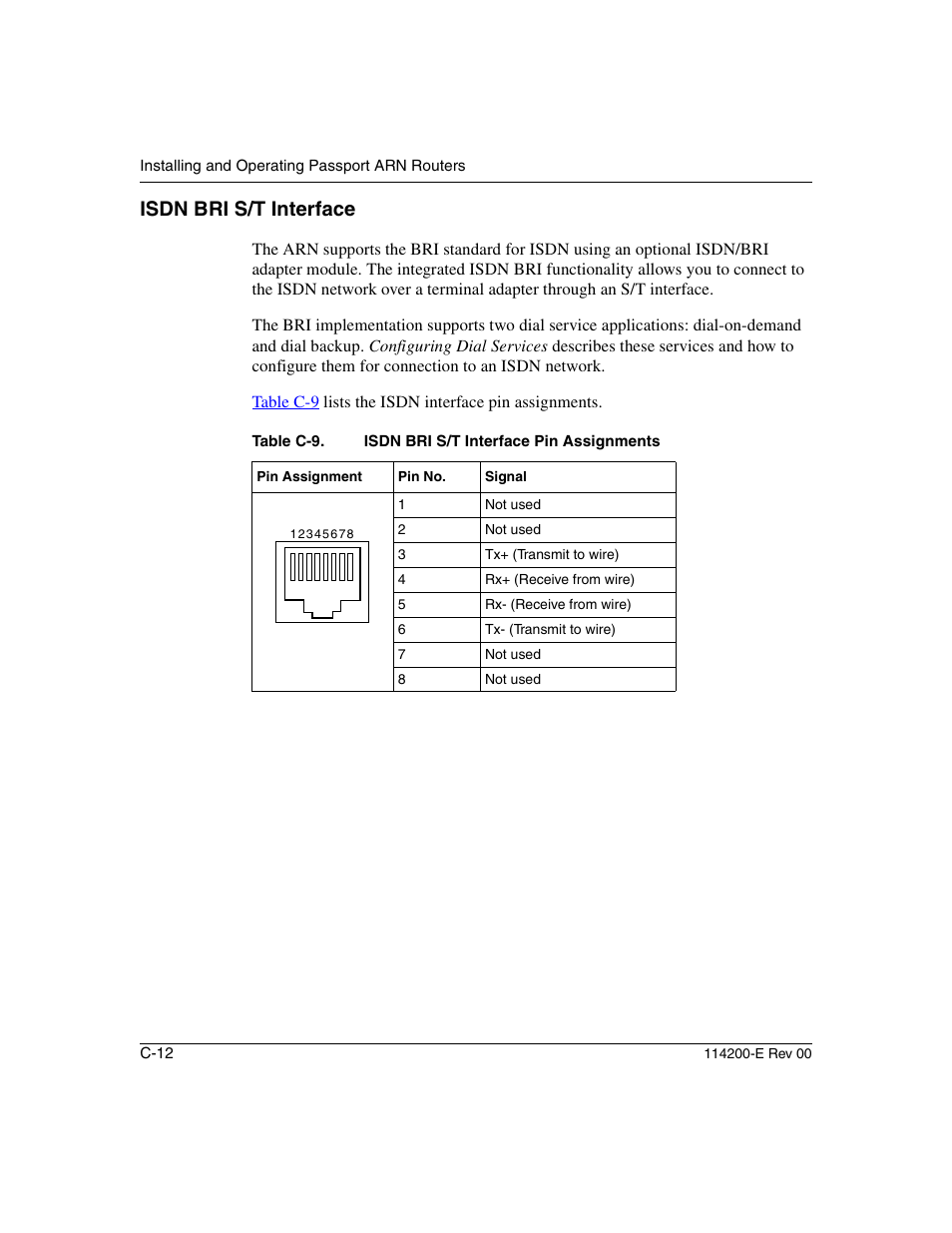 Isdn bri s/t interface, Table c-9 | Nortel Networks Passport ARN Routers User Manual | Page 136 / 166