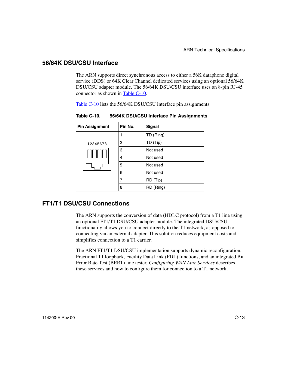 56/64k dsu/csu interface, Ft1/t1 dsu/csu connections, Table c-10 | Nortel Networks Passport ARN Routers User Manual | Page 137 / 166