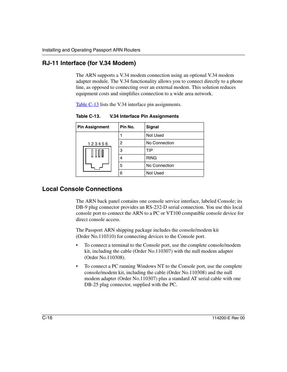 Rj-11 interface (for v.34 modem), Local console connections, Table c-13 | Nortel Networks Passport ARN Routers User Manual | Page 140 / 166