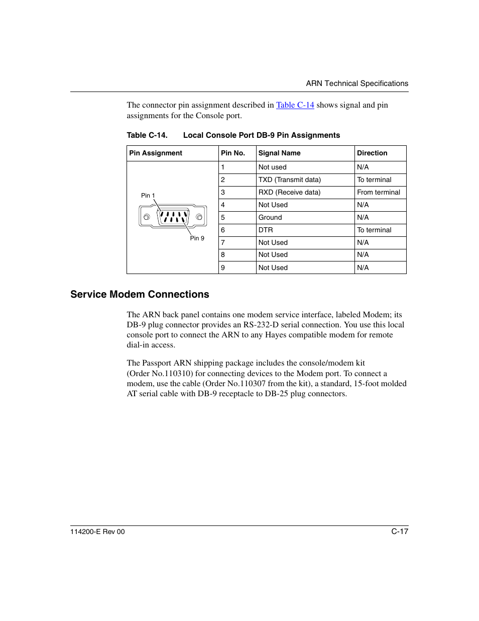 Service modem connections, Table c-14 | Nortel Networks Passport ARN Routers User Manual | Page 141 / 166
