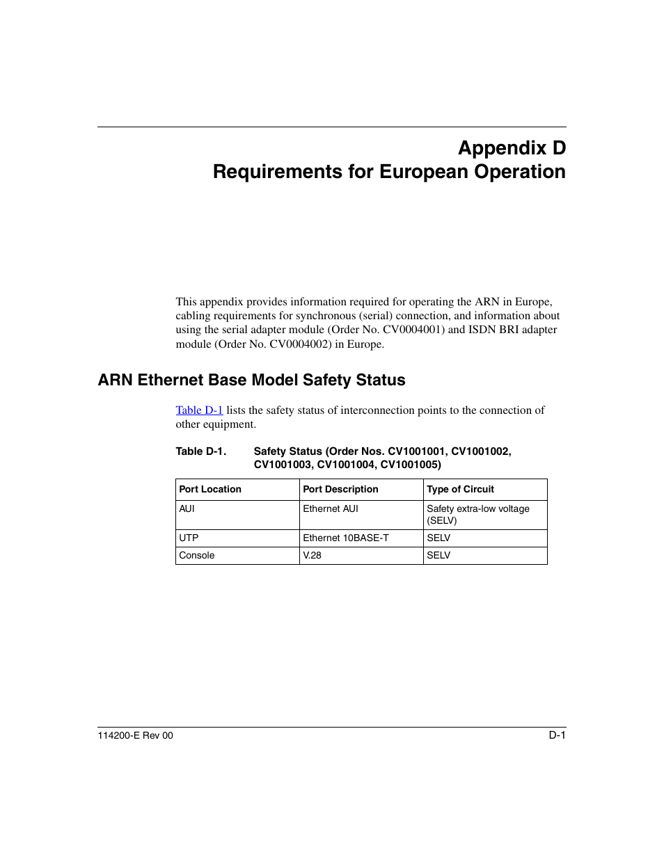 Appendix d requirements for european operation, Arn ethernet base model safety status, Table d-1 | Nortel Networks Passport ARN Routers User Manual | Page 143 / 166
