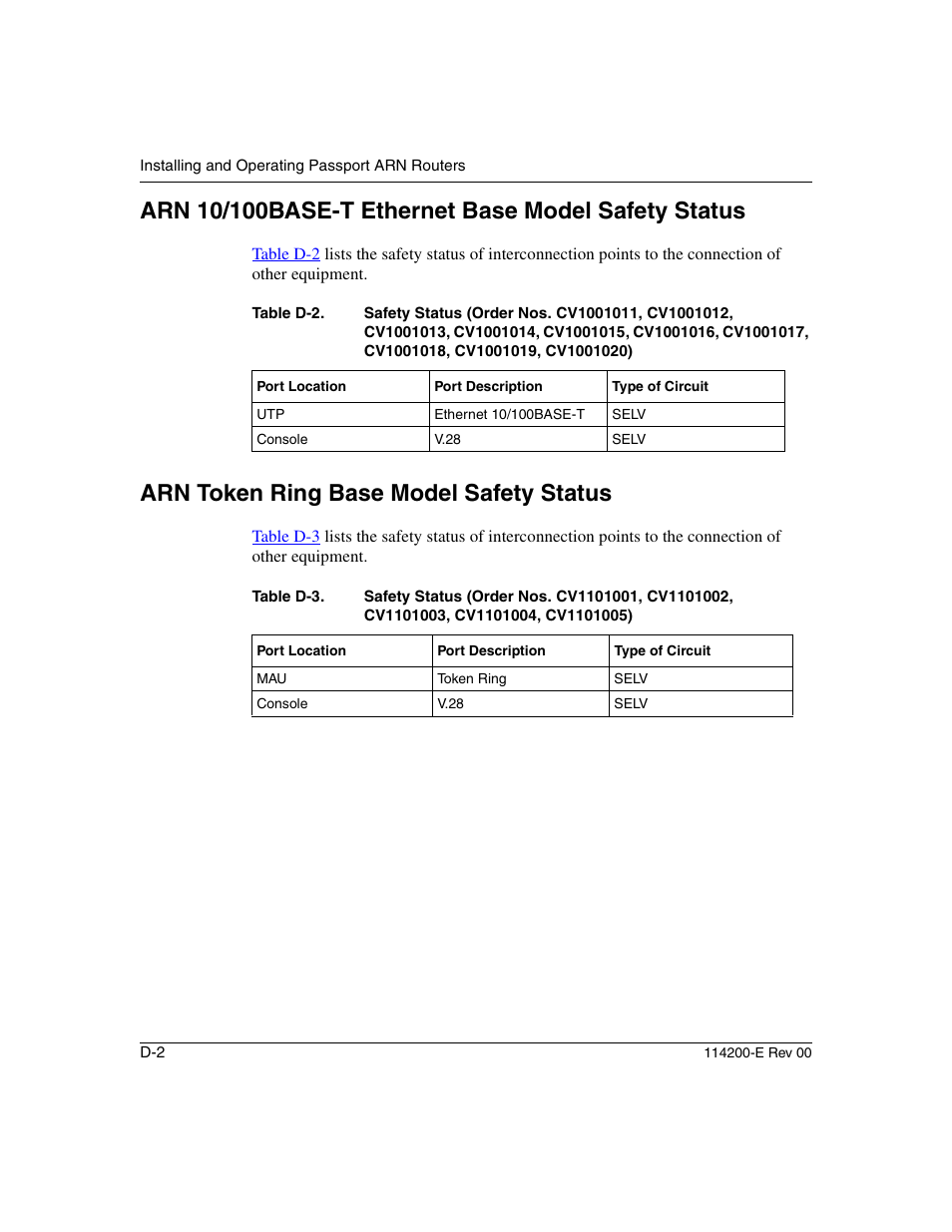 Arn 10/100base-t ethernet base model safety status, Arn token ring base model safety status, Table d-2 | Table d-3 | Nortel Networks Passport ARN Routers User Manual | Page 144 / 166