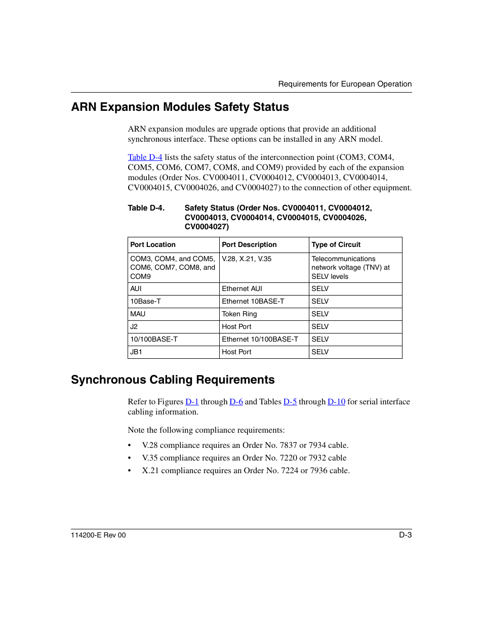 Arn expansion modules safety status, Synchronous cabling requirements, Table d-4 | Nortel Networks Passport ARN Routers User Manual | Page 145 / 166