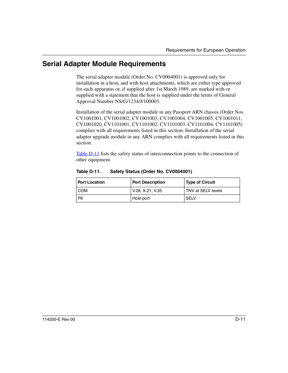 Serial adapter module requirements, Table d-11 | Nortel Networks Passport ARN Routers User Manual | Page 153 / 166