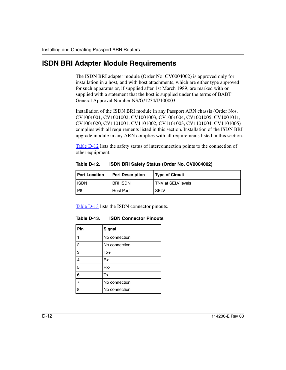 Isdn bri adapter module requirements, Table d-12, Table d-13 | Nortel Networks Passport ARN Routers User Manual | Page 154 / 166