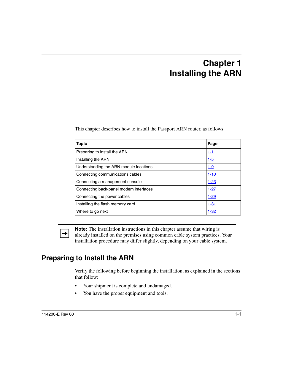 Chapter1 installing the arn, Preparing to install the arn, Chapter 1 installing the arn | Preparing to install the arn -1 | Nortel Networks Passport ARN Routers User Manual | Page 25 / 166