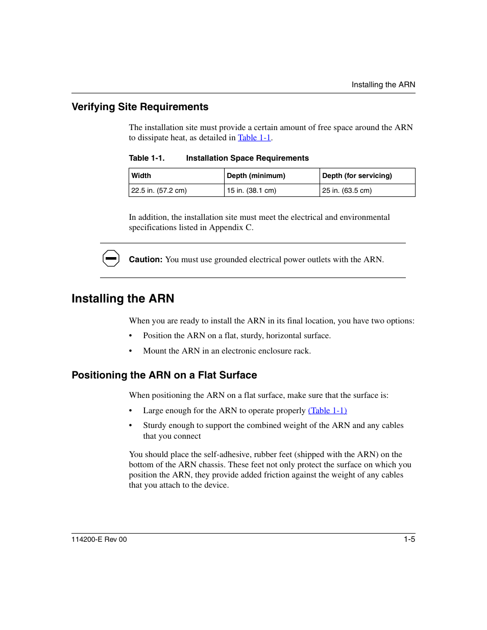 Verifying site requirements, Installing the arn, Positioning the arn on a flat surface | Verifying site requirements -5, Installing the arn -5, Positioning the arn on a flat surface -5, Table 1-1, Installation space requirements -5 | Nortel Networks Passport ARN Routers User Manual | Page 29 / 166