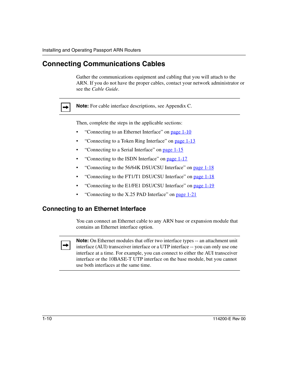 Connecting communications cables, Connecting to an ethernet interface, Connecting communications cables -10 | Connecting to an ethernet interface -10 | Nortel Networks Passport ARN Routers User Manual | Page 34 / 166