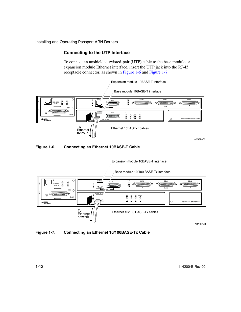 Connecting to the utp interface, Connecting to the utp interface -12, Figure 1-6 | Connecting an ethernet 10base-t cable -12, Figure 1-7, Connecting an ethernet 10/100base-tx cable -12, Installing and operating passport arn routers 1-12, Arn0062b | Nortel Networks Passport ARN Routers User Manual | Page 36 / 166