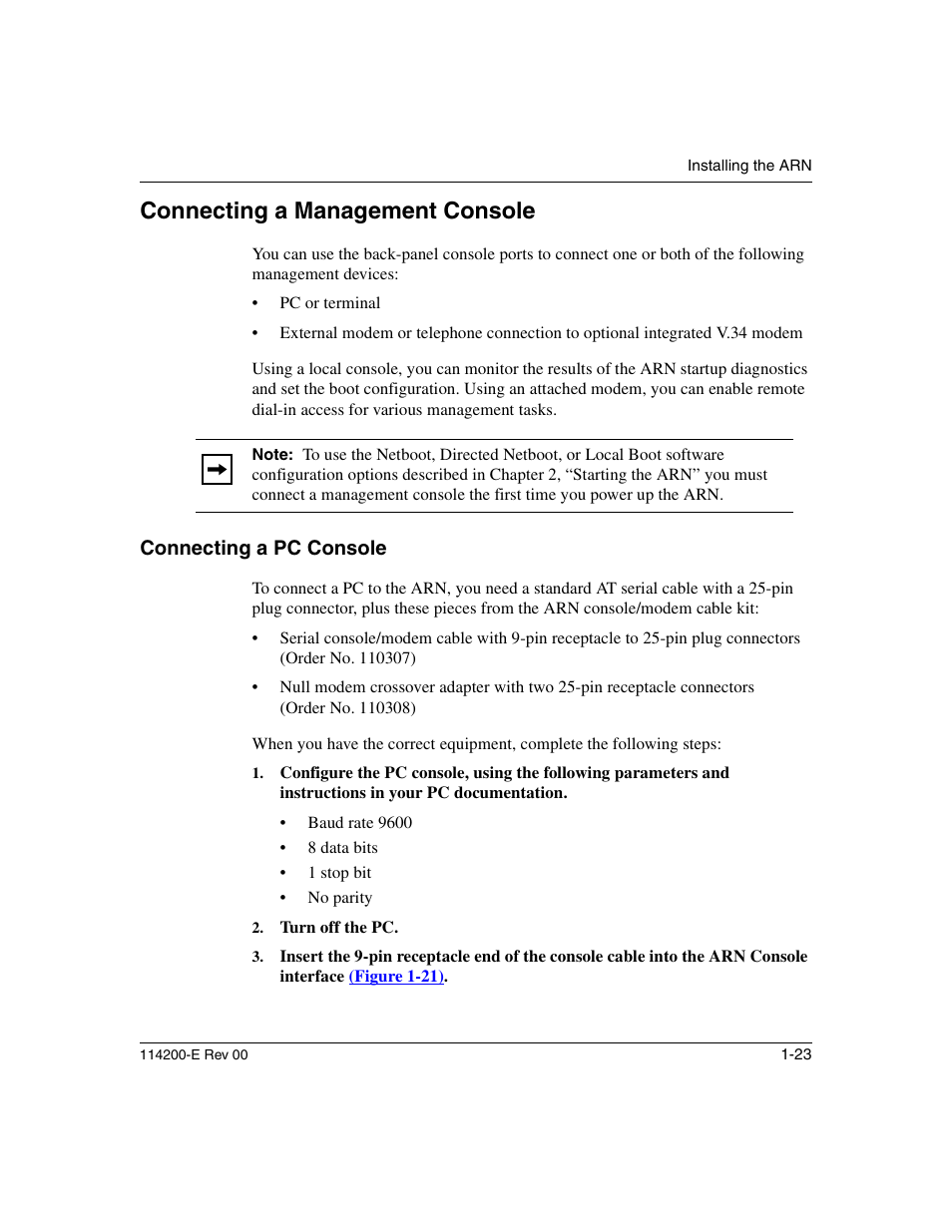 Connecting a management console, Connecting a pc console, Connecting a management console -23 | Connecting a pc console -23 | Nortel Networks Passport ARN Routers User Manual | Page 47 / 166