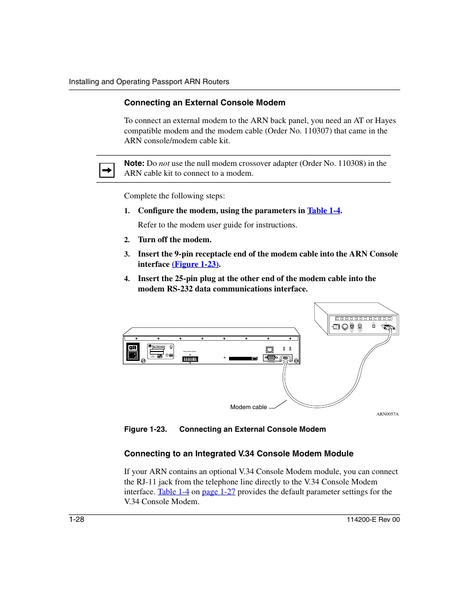 Connecting an external console modem, Connecting an external console modem -28, Turn off the modem | Nortel Networks Passport ARN Routers User Manual | Page 52 / 166