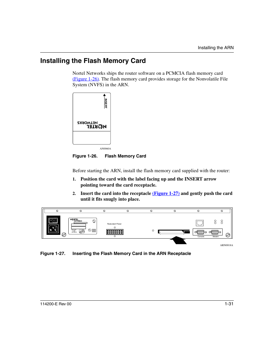 Installing the flash memory card, Installing the flash memory card -31, Figure 1-26. flash memory card -31 | Nortel Networks Passport ARN Routers User Manual | Page 55 / 166