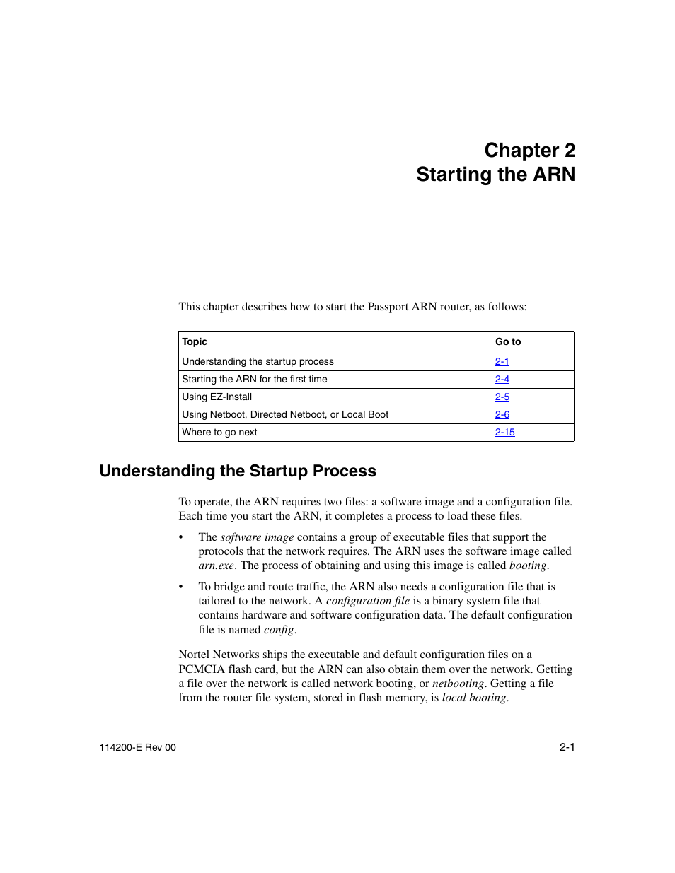 Chapter2 starting the arn, Understanding the startup process, Chapter 2 starting the arn | Understanding the startup process -1, Starting the arn, Chapter 2 | Nortel Networks Passport ARN Routers User Manual | Page 57 / 166