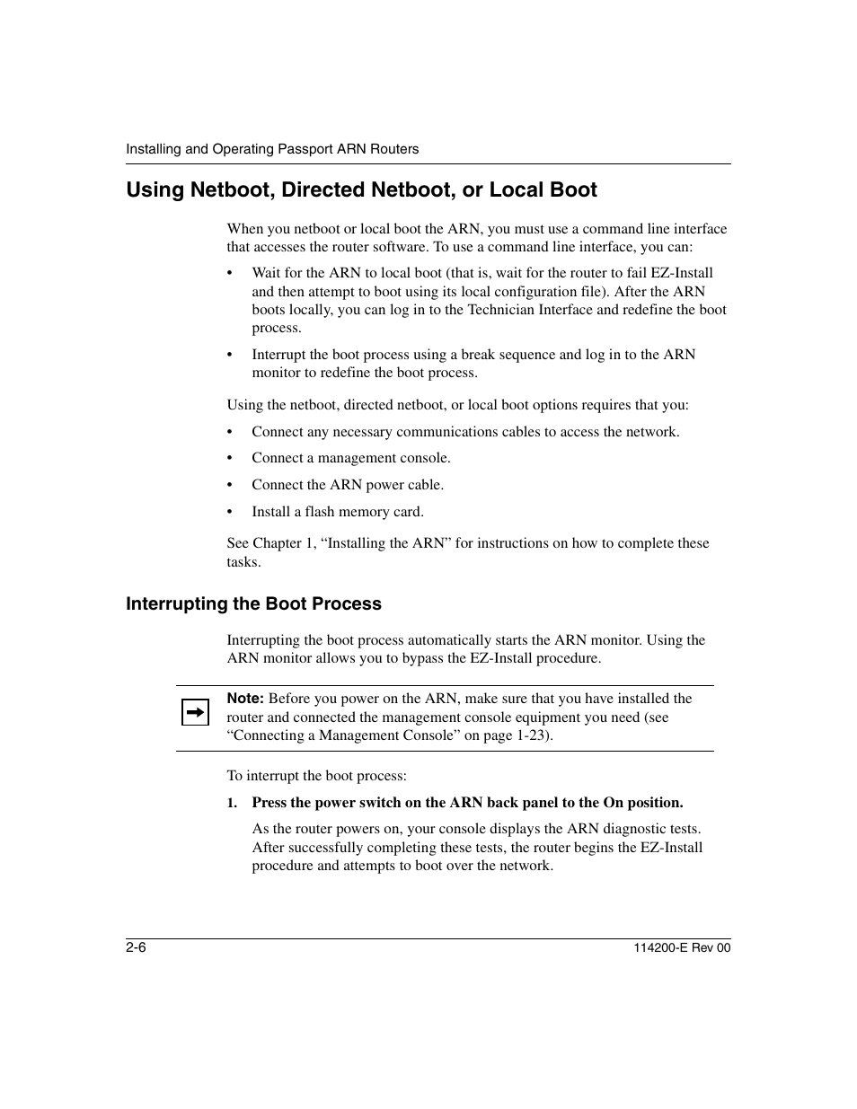 Using netboot, directed netboot, or local boot, Interrupting the boot process, Using netboot, directed netboot, or local boot -6 | Interrupting the boot process -6, Using netboot, directed netboot, Or local boot | Nortel Networks Passport ARN Routers User Manual | Page 62 / 166