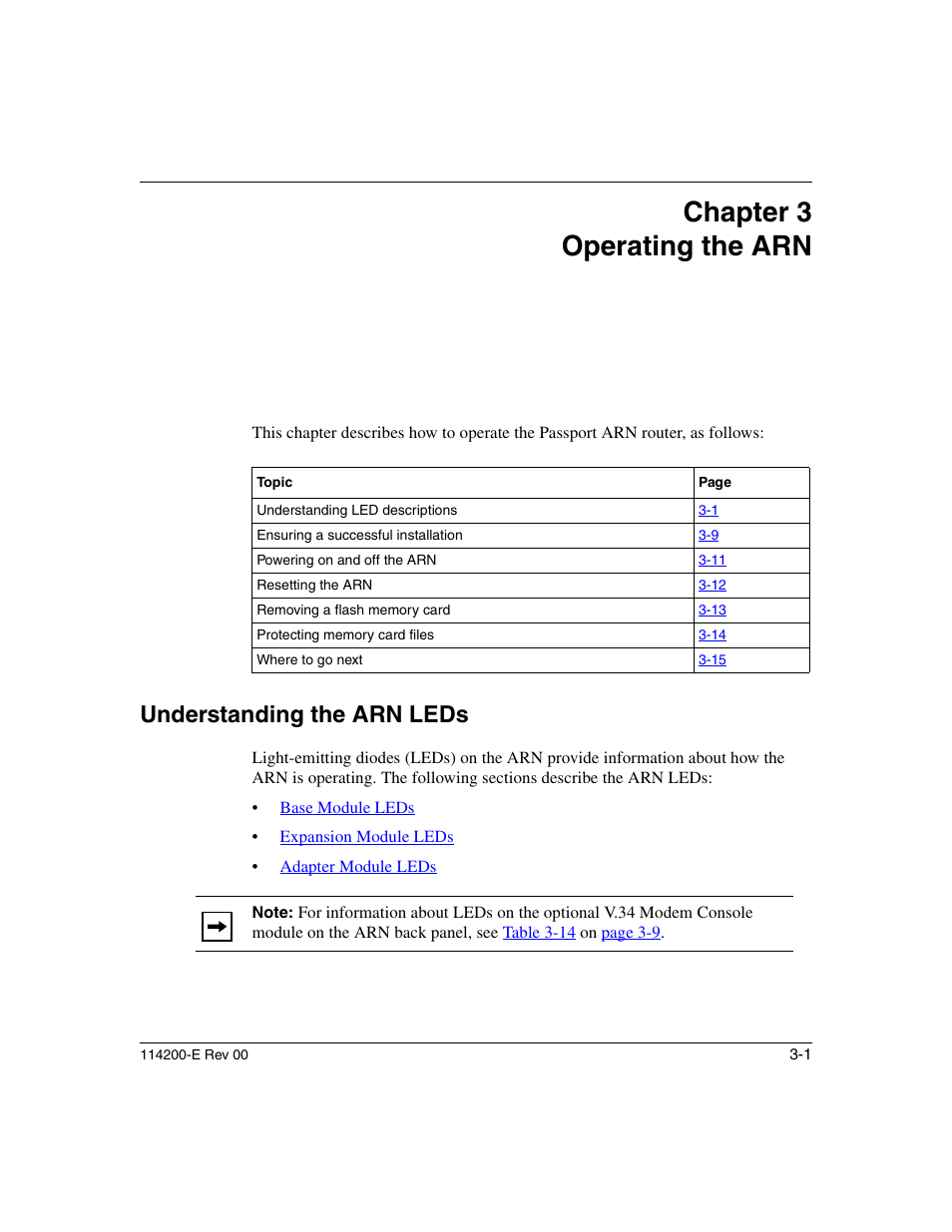 Chapter3 operating the arn, Understanding the arn leds, Chapter 3 operating the arn | Understanding the arn leds -1, Operating the arn, Chapter 3, Chapter 3, “operating the arn | Nortel Networks Passport ARN Routers User Manual | Page 73 / 166