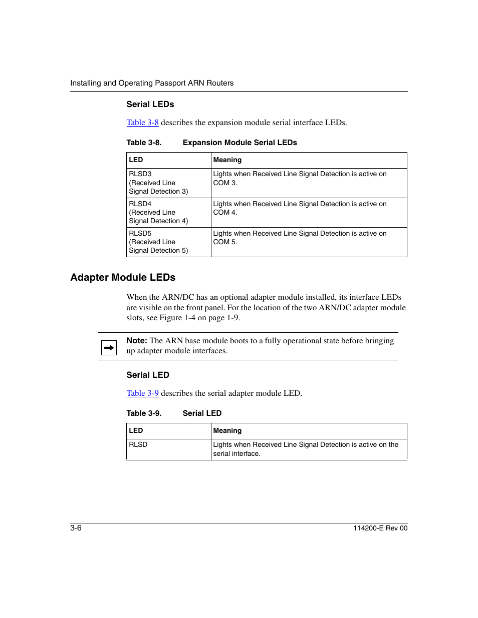 Serial leds, Adapter module leds, Serial led | Serial leds -6, Adapter module leds -6, Serial led -6, Table 3-8, Expansion module serial leds -6, Table 3-9 | Nortel Networks Passport ARN Routers User Manual | Page 78 / 166