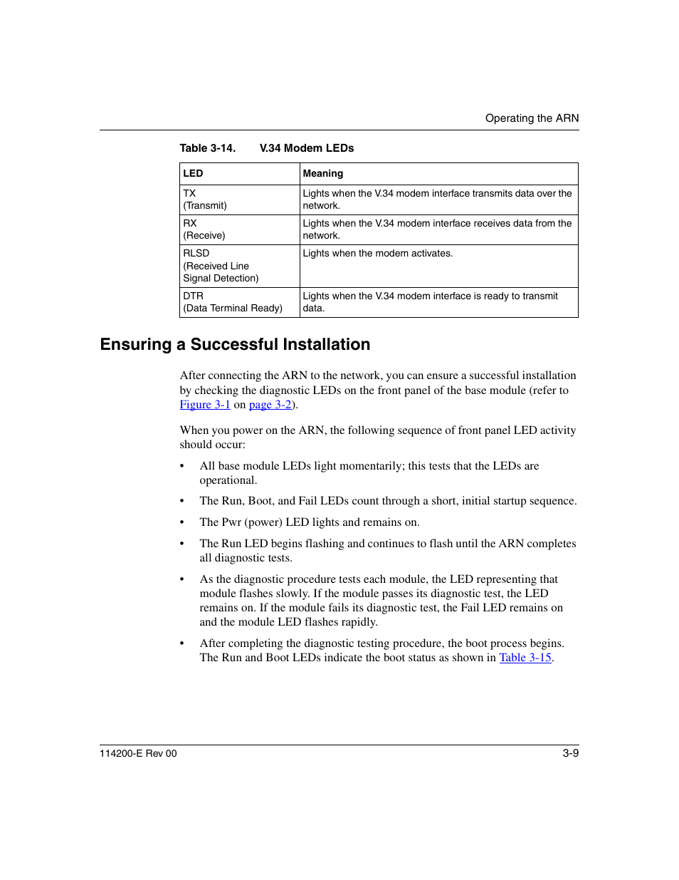 Ensuring a successful installation, Ensuring a successful installation -9, Table 3-14 | V.34 modem leds -9 | Nortel Networks Passport ARN Routers User Manual | Page 81 / 166