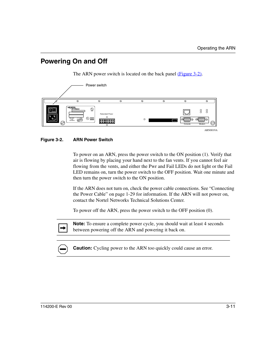 Powering on and off, Powering on and off -11, Figure 3-2 | Arn power switch -11 | Nortel Networks Passport ARN Routers User Manual | Page 83 / 166