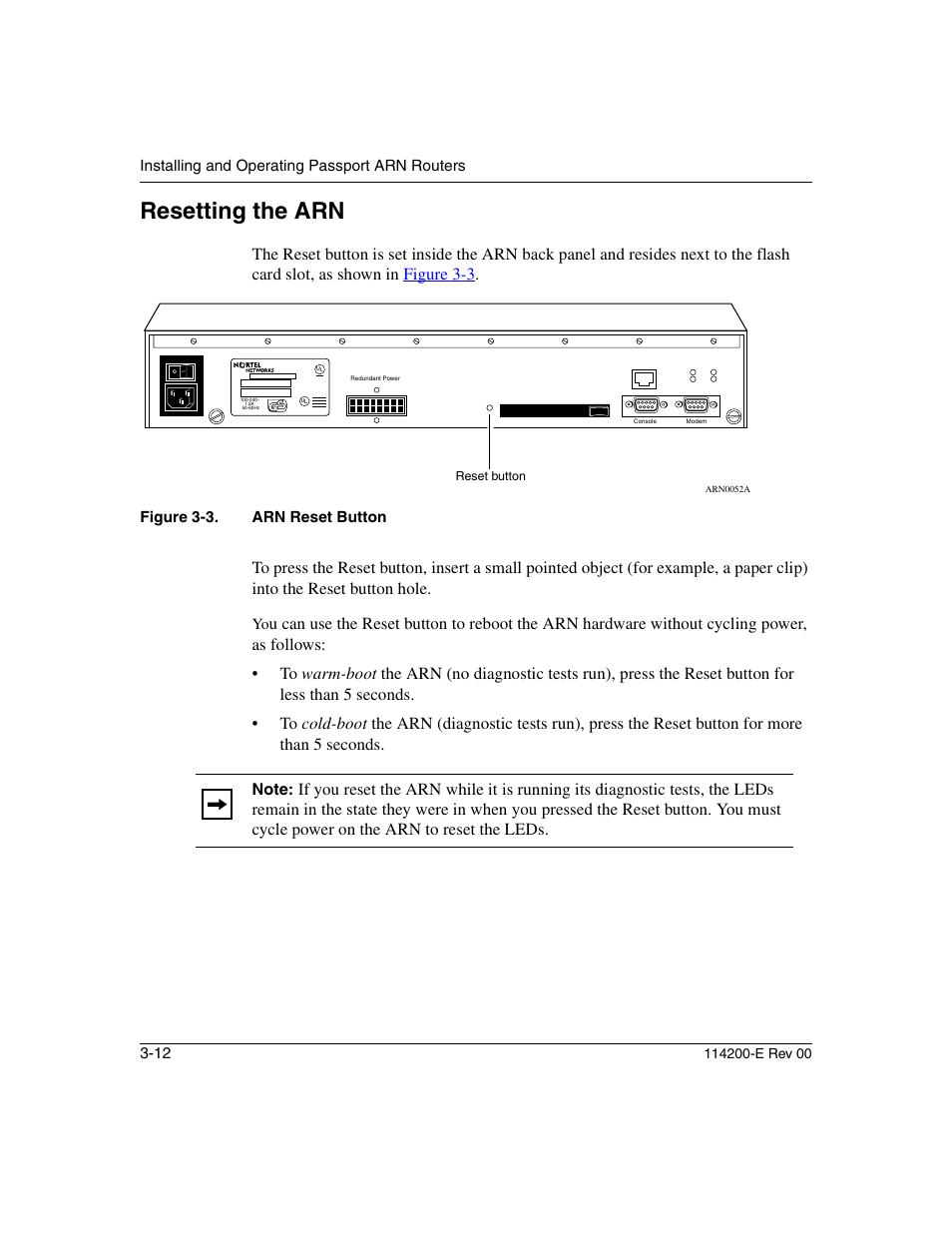 Resetting the arn, Resetting the arn -12, Figure 3-3 | Arn reset button -12 | Nortel Networks Passport ARN Routers User Manual | Page 84 / 166