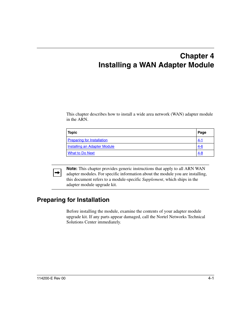 Chapter4 installing a wan adapter module, Preparing for installation, Chapter 4 installing a wan adapter module | Preparing for installation -1 | Nortel Networks Passport ARN Routers User Manual | Page 89 / 166