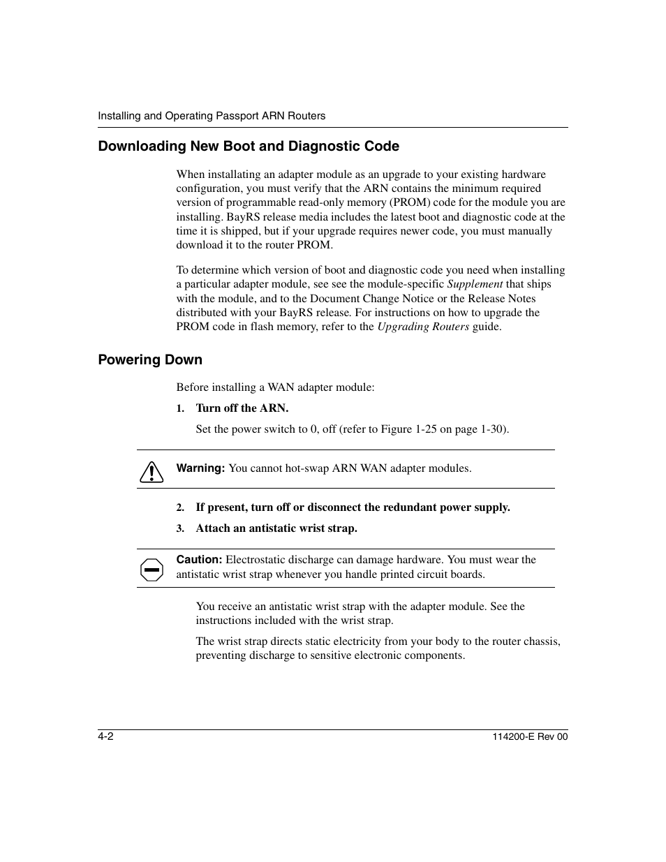 Downloading new boot and diagnostic code, Powering down, Downloading new boot and diagnostic code -2 | Powering down -2 | Nortel Networks Passport ARN Routers User Manual | Page 90 / 166