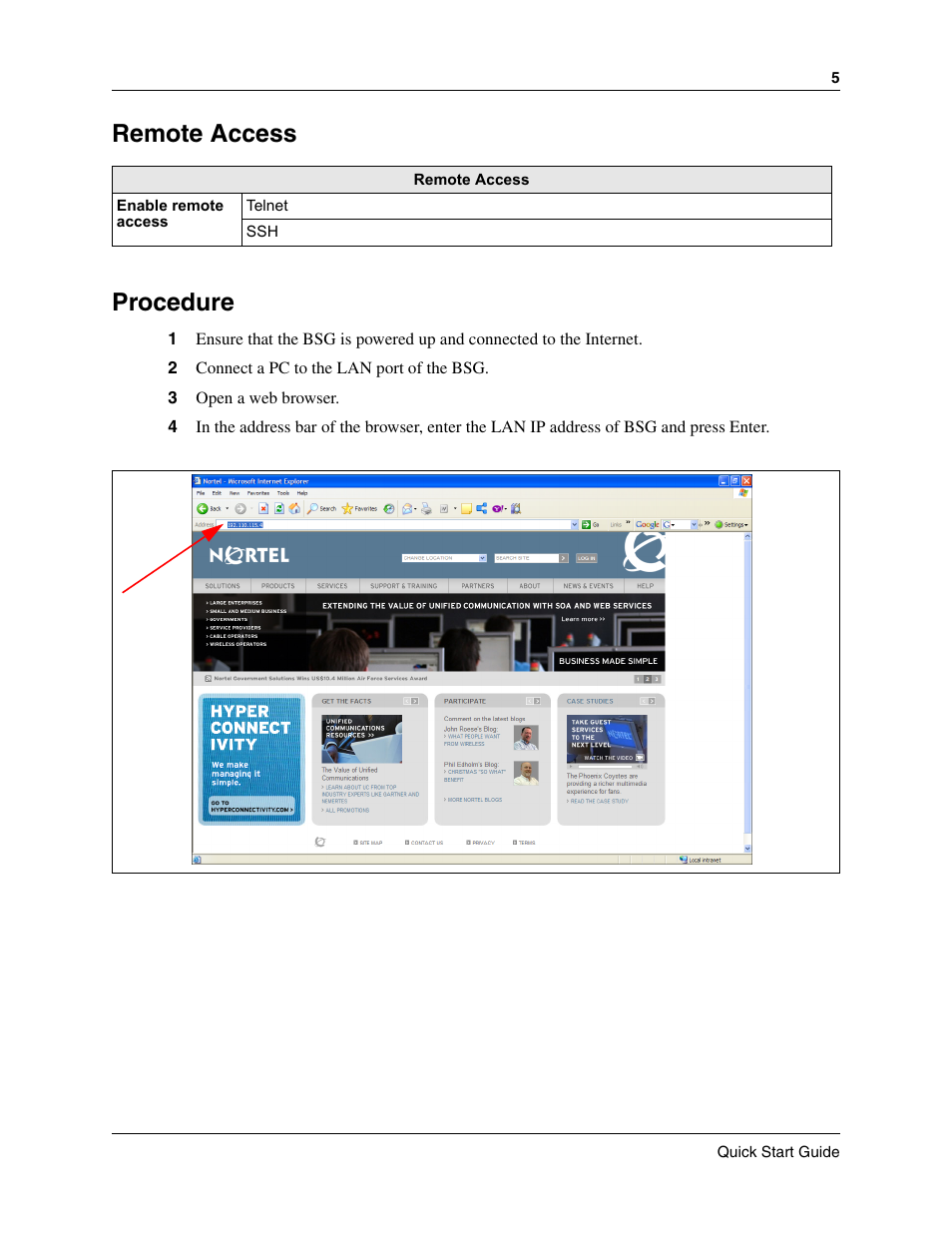 Remote access, Procedure, Remote access procedure | Nortel Networks BSG12aw/ew/tw User Manual | Page 5 / 12