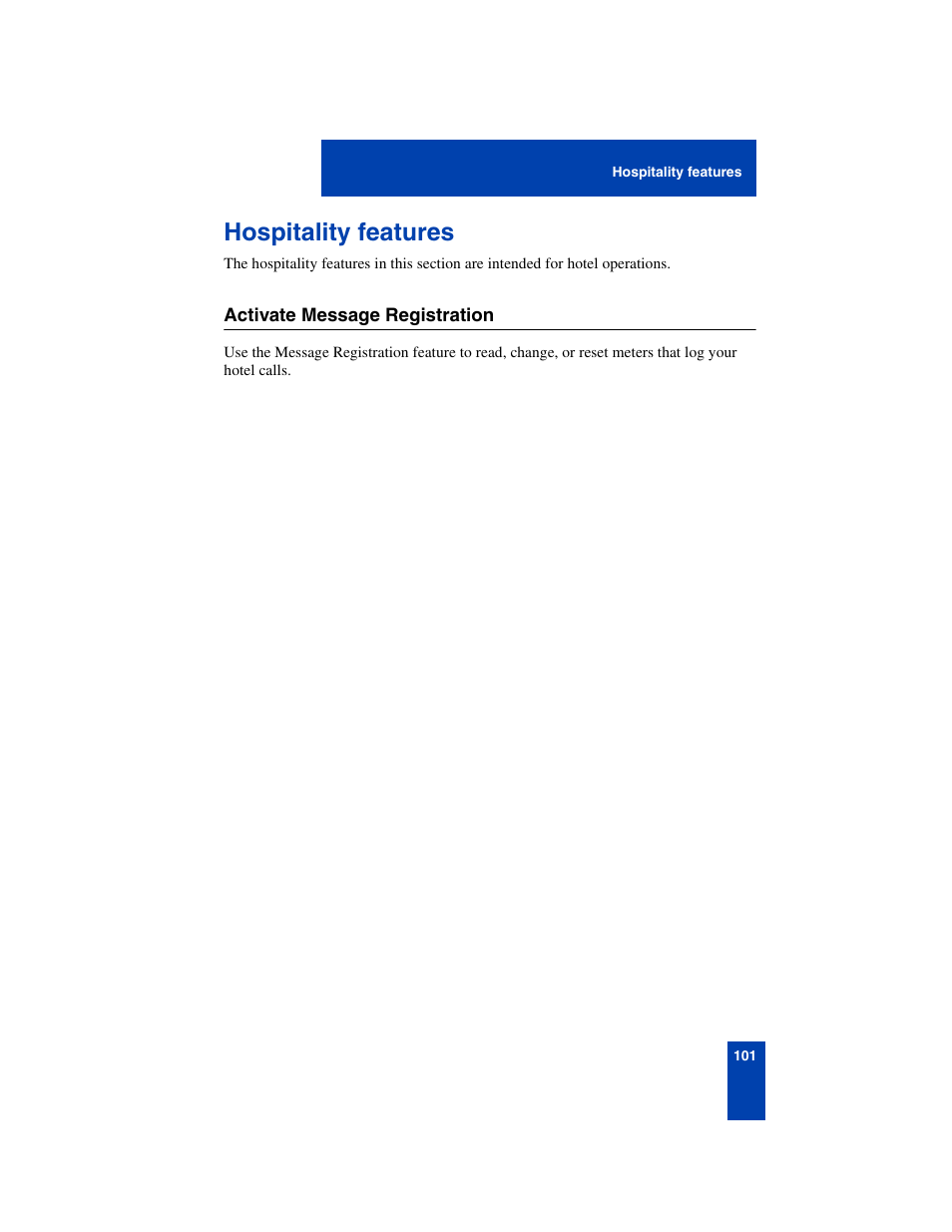 Hospitality features, Activate message registration, Hospitality features 101 | Activate message registration 101 | Nortel Networks 6140 User Manual | Page 101 / 126