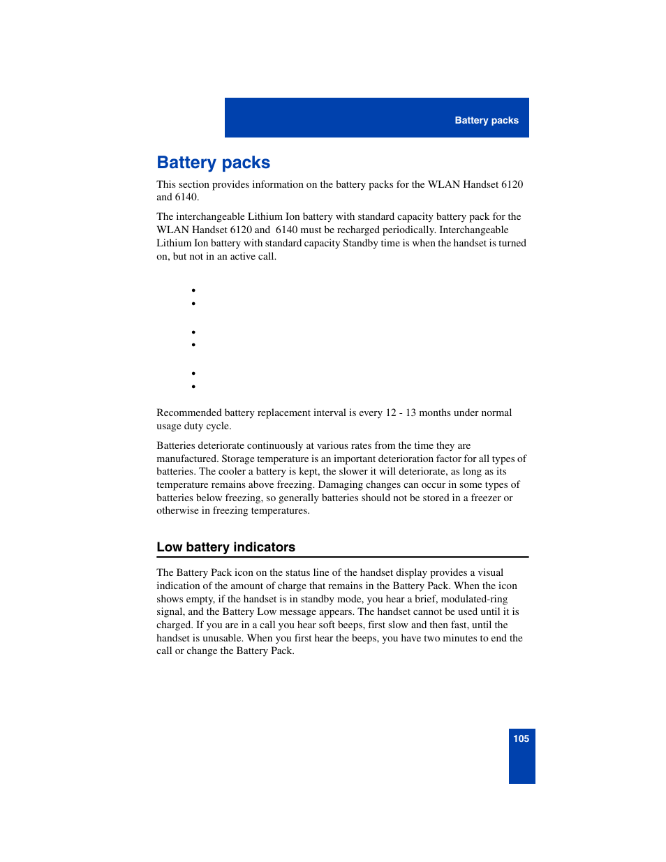 Battery packs, Low battery indicators, Battery packs 105 | Low battery indicators 105 | Nortel Networks 6140 User Manual | Page 105 / 126