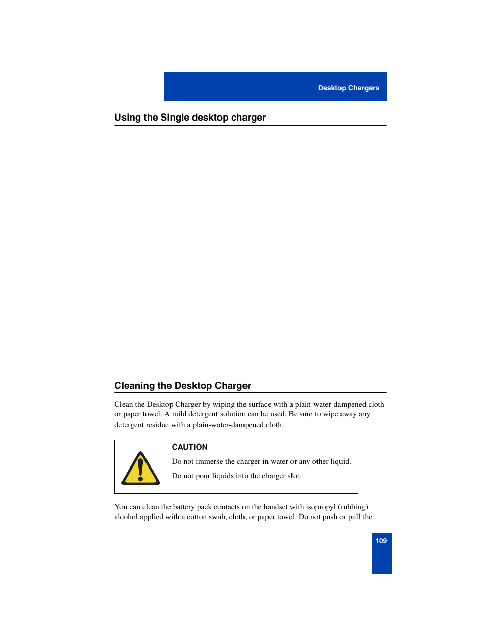 Using the single desktop charger, Cleaning the desktop charger | Nortel Networks 6140 User Manual | Page 109 / 126
