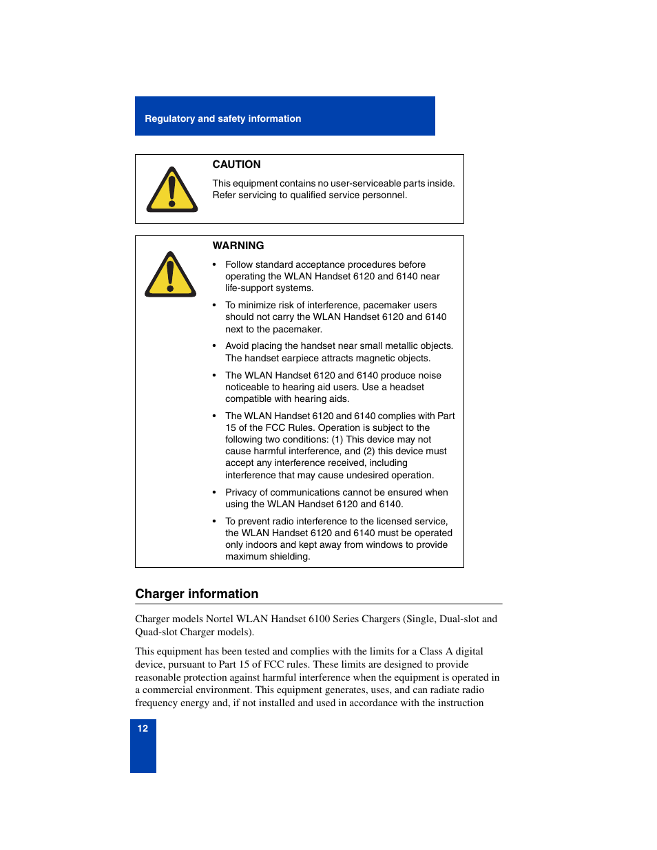 Charger information, Charger information 12 | Nortel Networks 6140 User Manual | Page 12 / 126