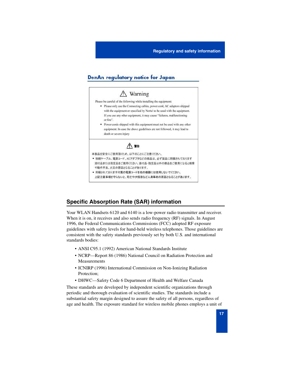 Specific absorption rate (sar) information, Specific absorption rate (sar) information 17 | Nortel Networks 6140 User Manual | Page 17 / 126