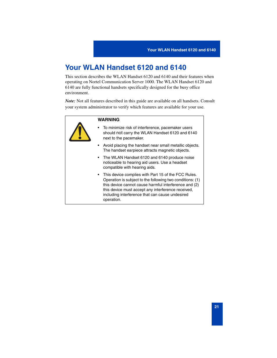 Your wlan handset 6120 and 6140, Your wlan handset 6120 and 6140 21 | Nortel Networks 6140 User Manual | Page 21 / 126