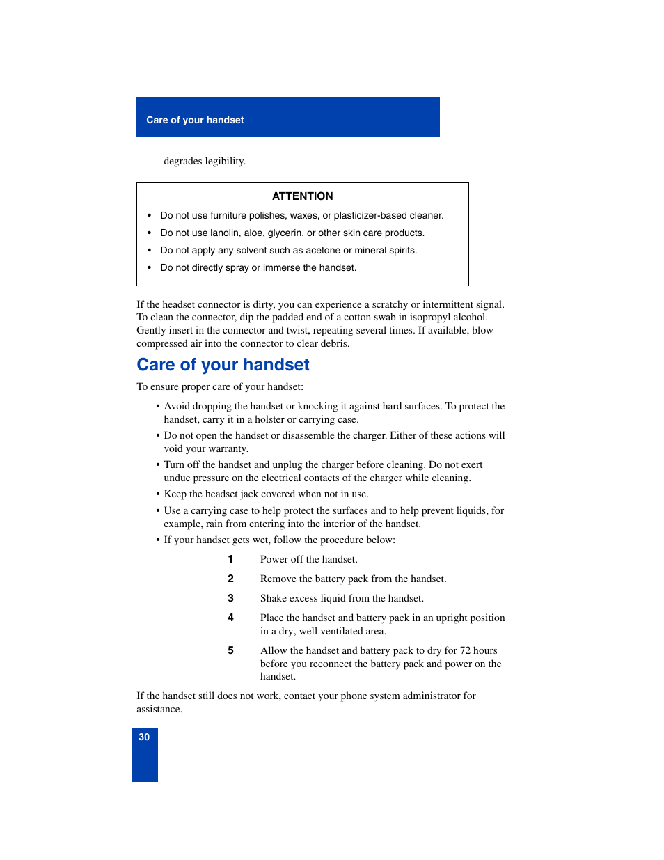 Care of your handset, Care of your handset 30 | Nortel Networks 6140 User Manual | Page 30 / 126