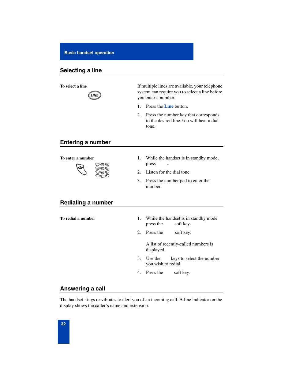 Selecting a line, Entering a number, Redialing a number | Answering a call, Selecting a line 32 entering a number 32, Redialing a number 32 answering a call 32 | Nortel Networks 6140 User Manual | Page 32 / 126