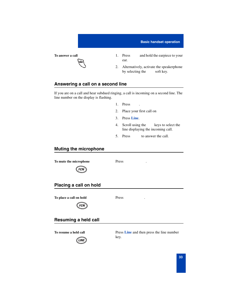 Answering a call on a second line, Muting the microphone, Placing a call on hold | Resuming a held call | Nortel Networks 6140 User Manual | Page 33 / 126